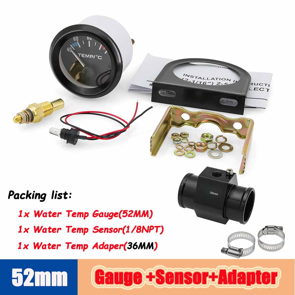52mm Water Temperature Gauge 40-120 Celsius with Adaptor Joint Pipe Radiator 1/8NPT Sensor Car Racing Water Tank Level Indicator