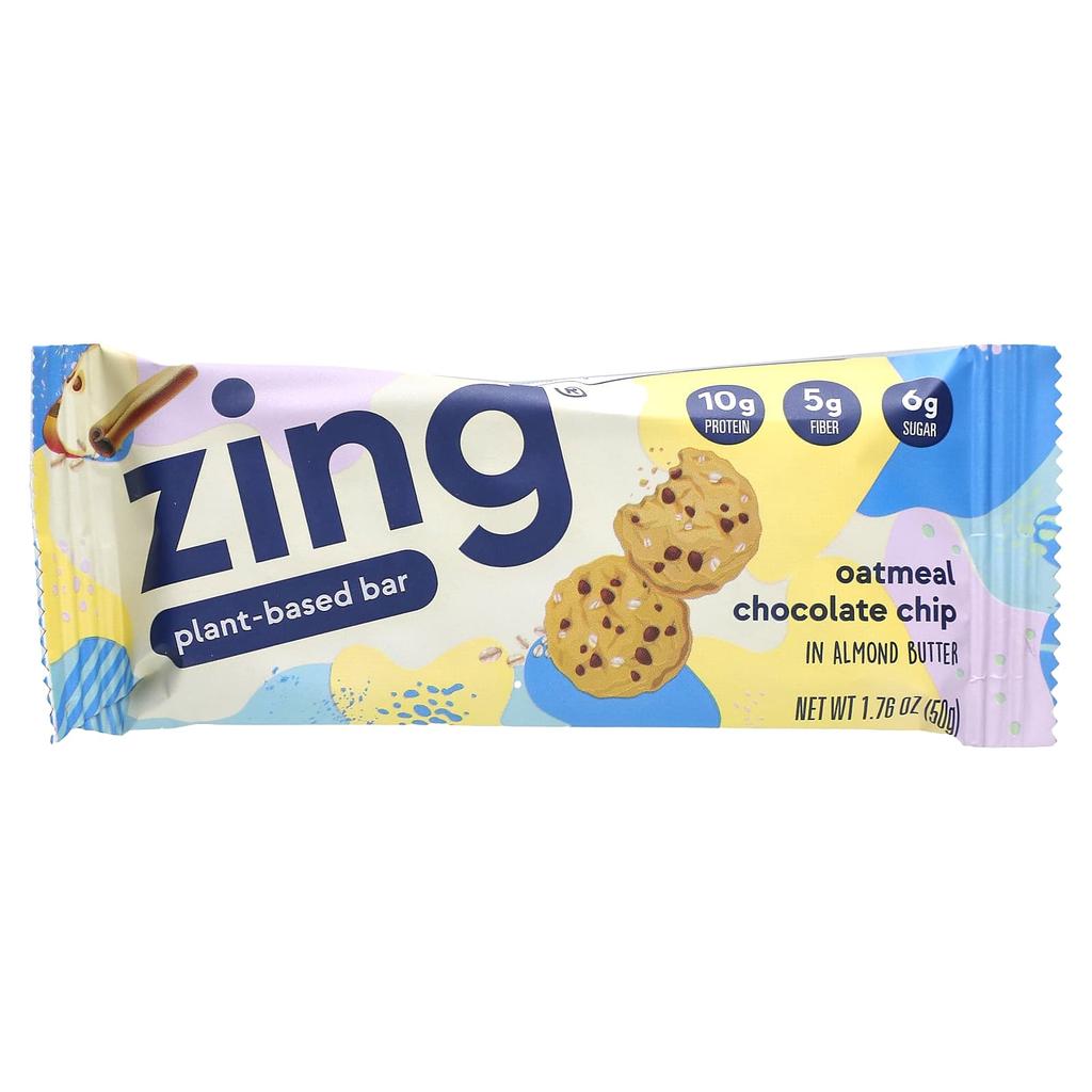 Zing Bars Plant-Based Bars, with Oatmeal Chocolate Chip Almond Butter, 12 Bars, 1.76 Oz (50 G) Each