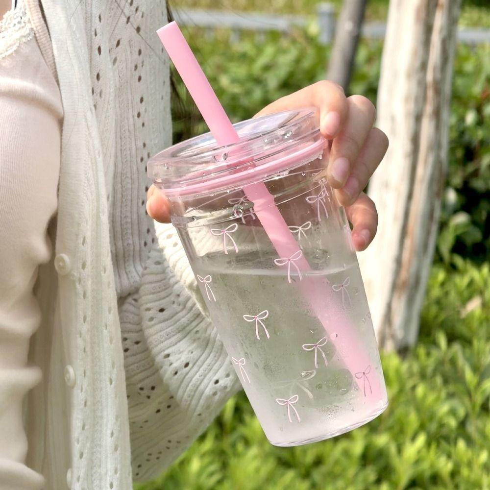450ml Water Bottle Bowknot Pattern Coffee Cup Simple Car Tumbler Cup for Students