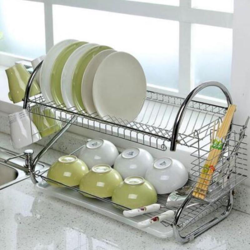 Large Capacity Stainless Steel 2-Layer Dish Drainer Drying Rack for Kitchen Storage