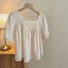 Women's Korean Style Summer Chic Clavicle Square Neck Hook Flower Blouse