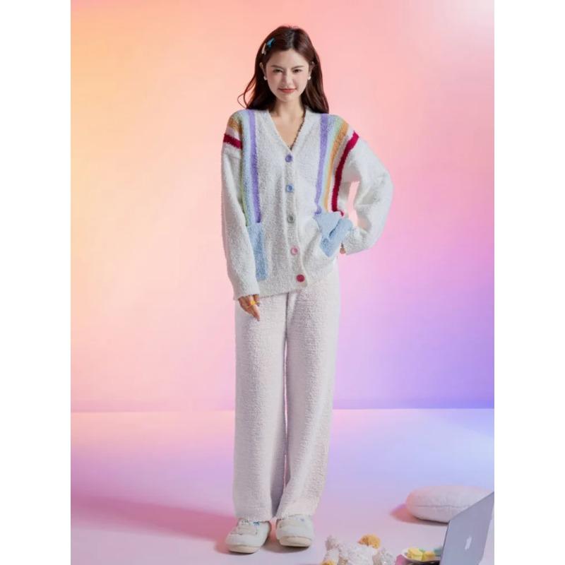 Rainbow Striped Soft Half Velvet Pajamas for Women Autumn and Winter Coral Velvet V-neck Cardigan Home Wear