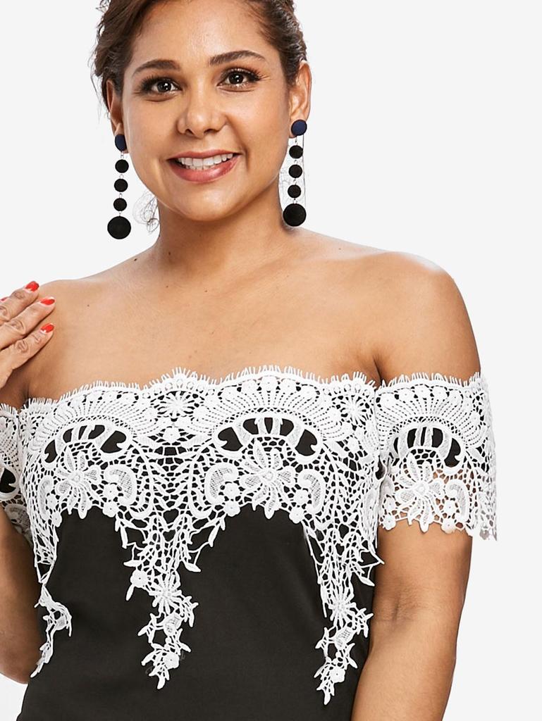 Rosegal Plus Size Floral Lace Applique Off The Shoulder Bodycon Dress