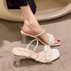 Temperament High Heels Women's 2024 Summer New Fashionable Transparent Middle Heel Crystal Shoes Thick Heel French Cool Slippers Outer Wear