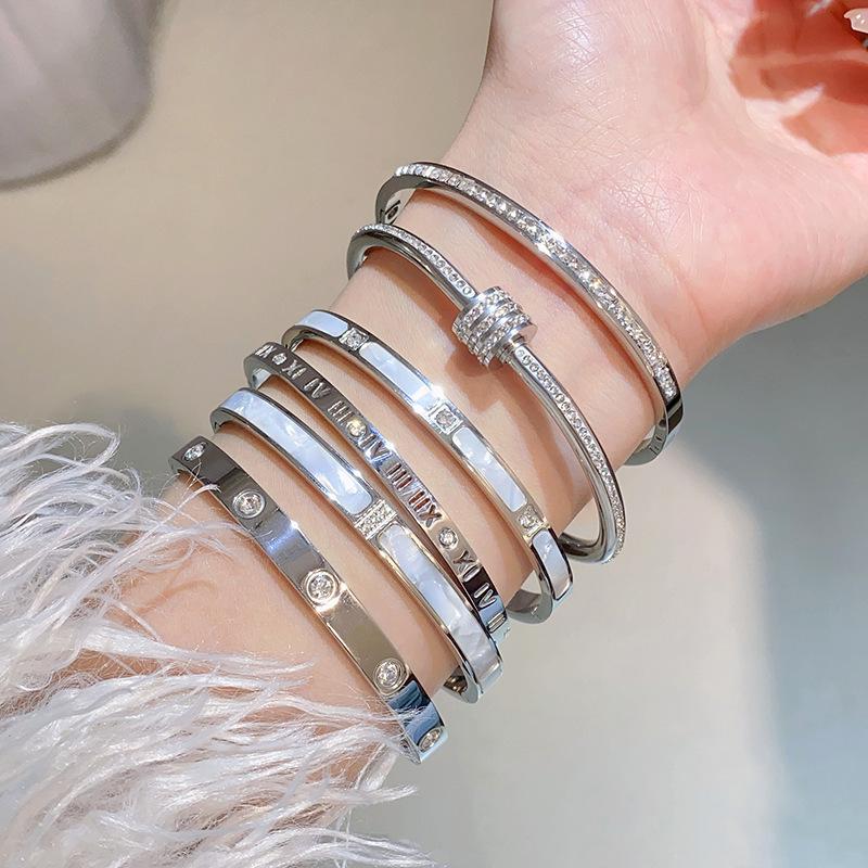 High-End Women's Silver Titanium Steel Zircon Bangle Bracelet