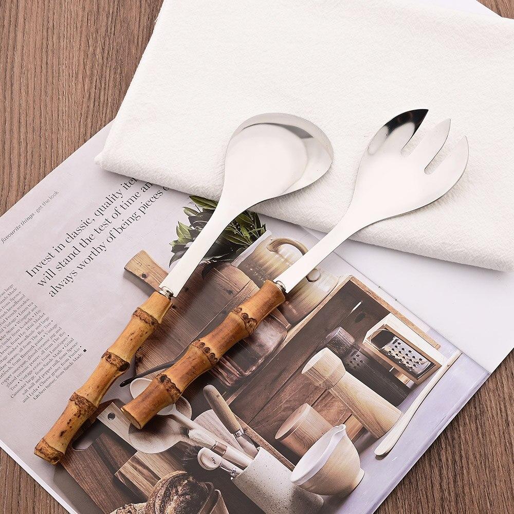 2Pcs Serving Utensils Cutlery 304 Stainless Steel Big Fork and Spoon with Natural Bamboo Handle Food Serving Salad Spork Server Spoon Tableware Set