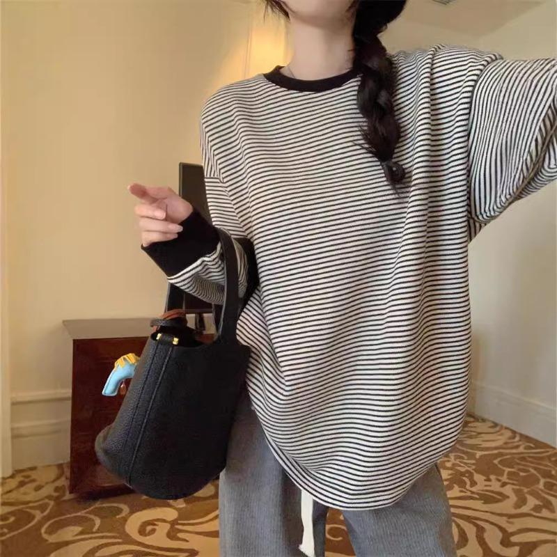 Hooded Striped Long Sleeved T-shirt Women's Hoodie Top