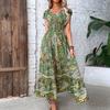 Summer Deep V-neck Short Sleeve Maxi Dress Bohemia Colorful Printing Elastic High Waist Ruffle Stitching Hem A-Line Beach Dress
