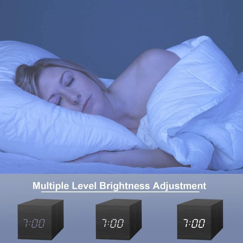 Voice Control  Wooden Digital Alarm Clock TEMP Date 3 Alarms Desktop Electronic Table Clock 12/24H USB Powered LED Bedside Clock