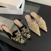 Slippers Women's Bag Head Embroidery Half Slippers Women's Summer Wear Pearl Velvet Pointed Retro Flat Muller Shoes