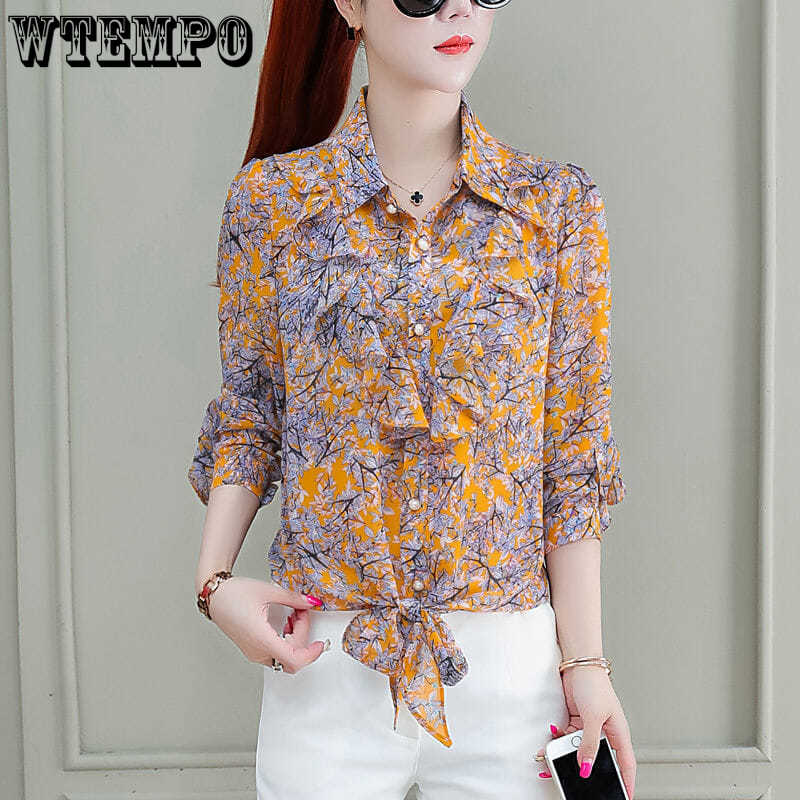 Women Elegant Print Chiffon Blouse Spring Summer Casual Long Sleeve Loose Shirt Office Lady Sweet Tops