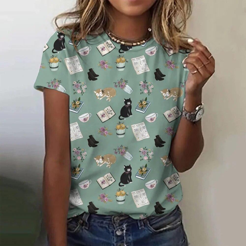 Summer Round Neck Cartoon Cat Pattern 3D Print Top Fashionable Casual Short Sleeved Women's T-shirts