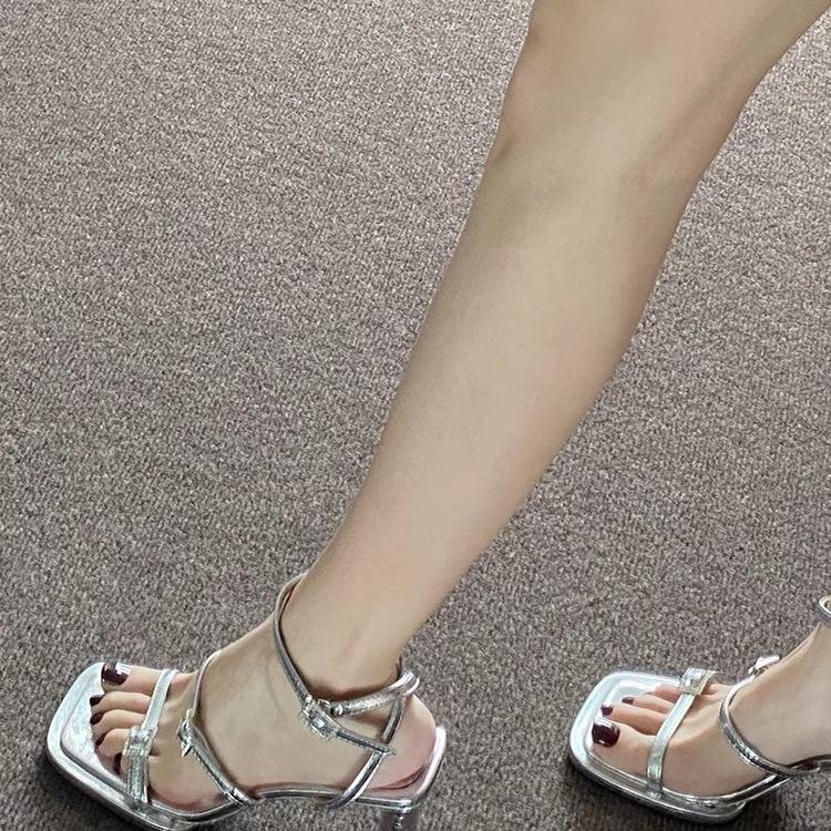 Beautiful~ Sandals Women's New Summer Silver Square Head Open Toe One-word Buckle Thick Heel High Heel Sandals