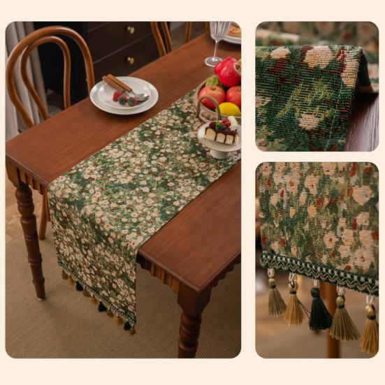 Рождественская зеленая жаккардовая дорожка на стол с кисточкой, декоративная праздничная настольная дорожка