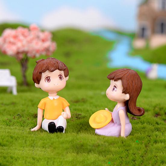 2Pcs Mini Girl Boy Sit Down Look Up Model Figurine Landscape Ornament DIY Decor