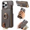 Leather Zipper Wallet with Card Holder Phone Case for IPhone 16E 16 15 14 13 12 11 Pro Max XS XR 7 8 Plus Ring Kickstand Cover