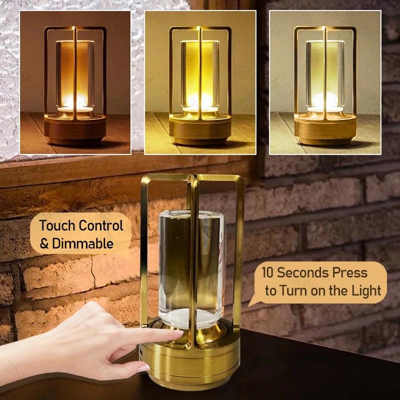 Cordless Table Lamp Retro Bar Metal Desk LED Lamps Rechargeable Touch Dimming Night Light Restaurant Bedroom Home Outdoor Decor