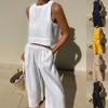 Summer Fashion Women's Cotton and Hemp Set Round Neck Sleeveless Shirt Tie Waist Wide Leg Pants Sports Two Piece Set