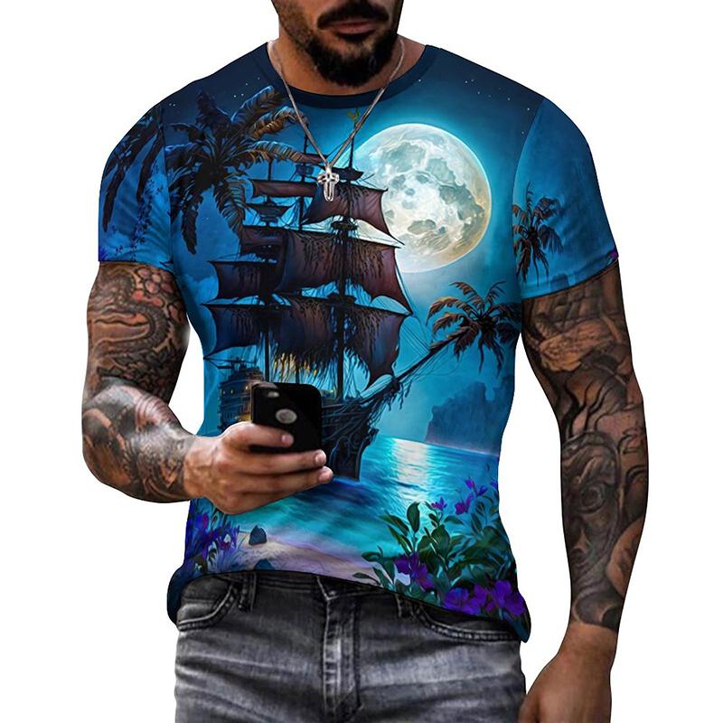 Летние мужские футболки, повседневная свободная футболка с принтом парусной лодки, пиратского корабля, 3D-принта, с круглым вырезом и коротким рукавом, мужская футболка большого размера, качество