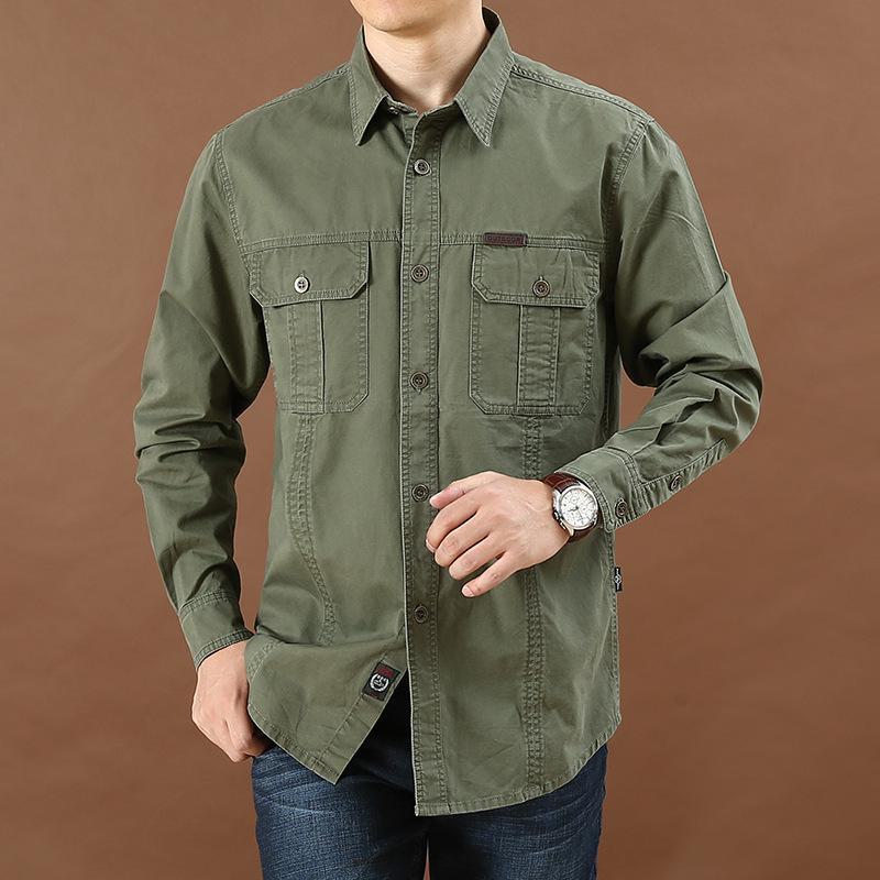 Men's Casual Loose-Fit Long-Sleeve Shirt - Solid Color, Large Size, Autumn Workwear with Pocket