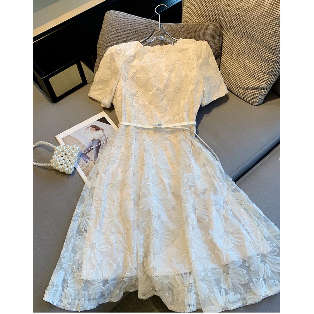 New Fashion Mesh Sequined Embroidery Short Dress Women Clothing Elegant Floral Pearl Belt Slim Casual Summer Dress