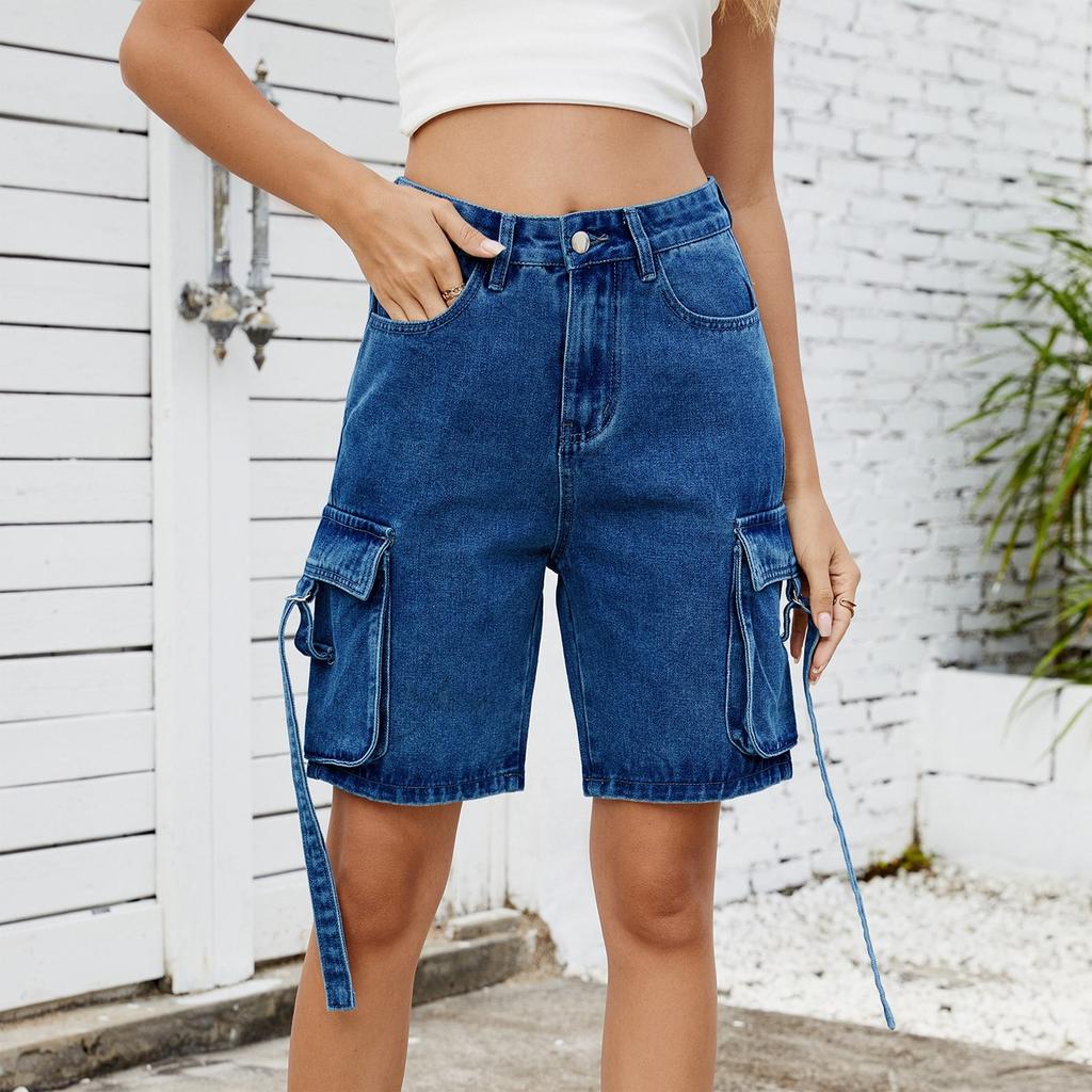 Women's Fashionable Solid Color Pocket Workwear Denim Casual Five Quarter Shorts