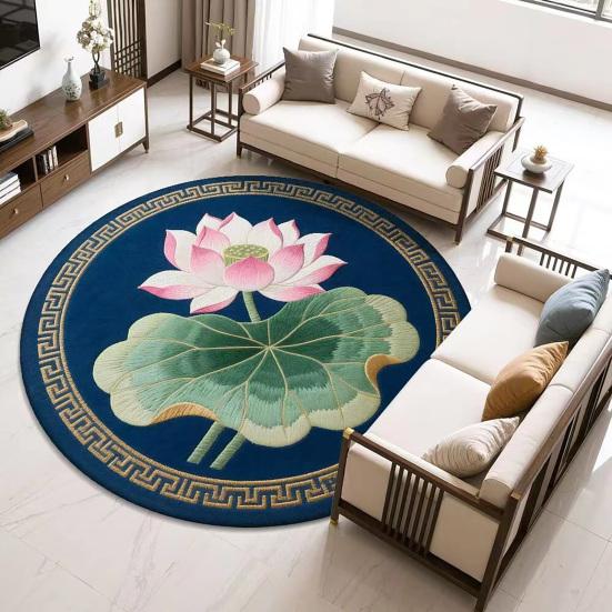 Yousheng Lotus Flower Floor Mat Round Living Room Rug Lotus Pattern Carpet with Non-Slip Backing for Home Office Bedroom Kitchen