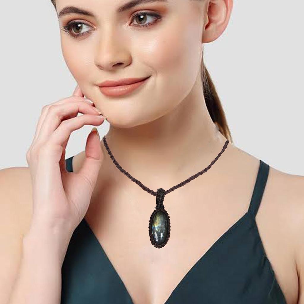 Macrame Necklace Labradorite Pendant Natural Handmade Stone Crystal Bohemian