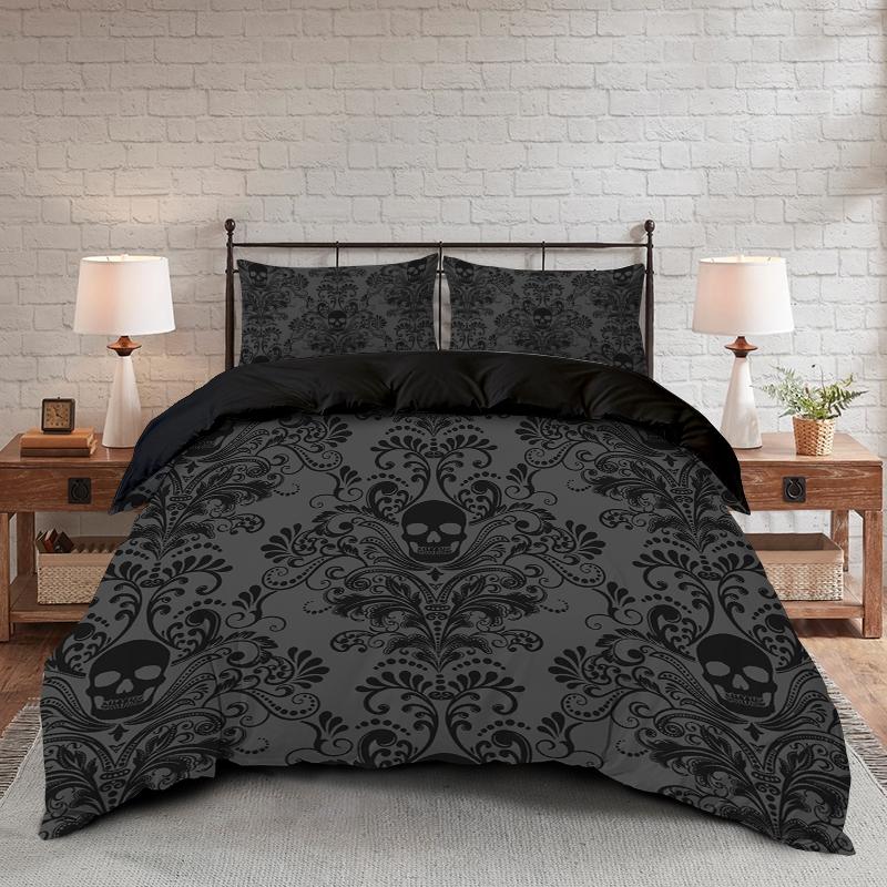 3pcs Skull Flower Duvet Set With Flower Skull Pattern, Includes 1 Duvet Cover And 2 Pillowcases, Suitable For All Seasons