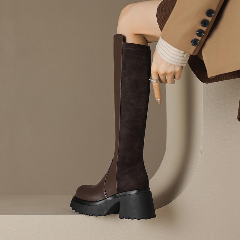 Krazing Pot Microfiber Autumn Winter Shoes Patch Work Platform Boots Round Toe Keep Warm Thick Bottom Thigh High Boots