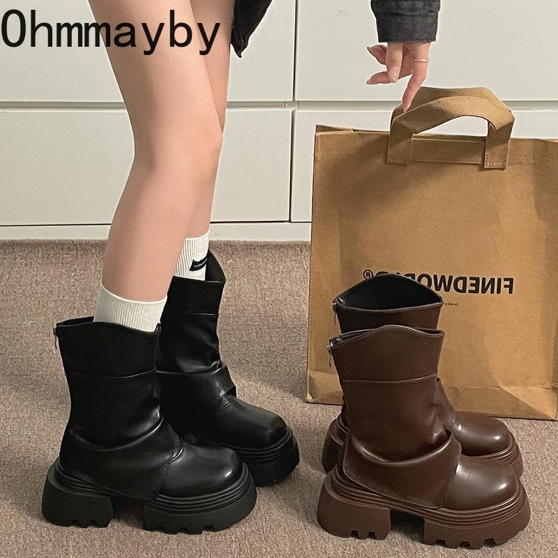 Vintage British Style Platform Thick Bottom Women Short Boots Autumn Winter Ladies Causal Height Increase Ankle Boots