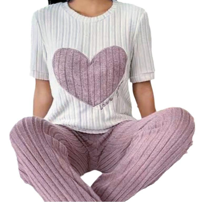 "Women's Autumn Sweet Love Pajama Set: Round Neck, Short Sleeve & Trousers - Comfy 2-Piece Homewear"