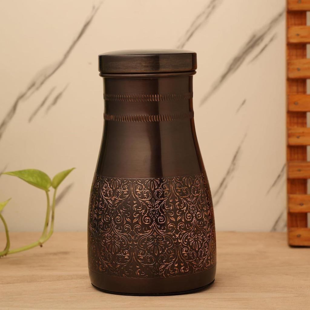 Copper Bedroom Jar with Inbuilt Glass | Rarity Carving Design | Handcrafted, Leakproof, Jointless | Ayurvedic Benefits, Antioxidant Properties