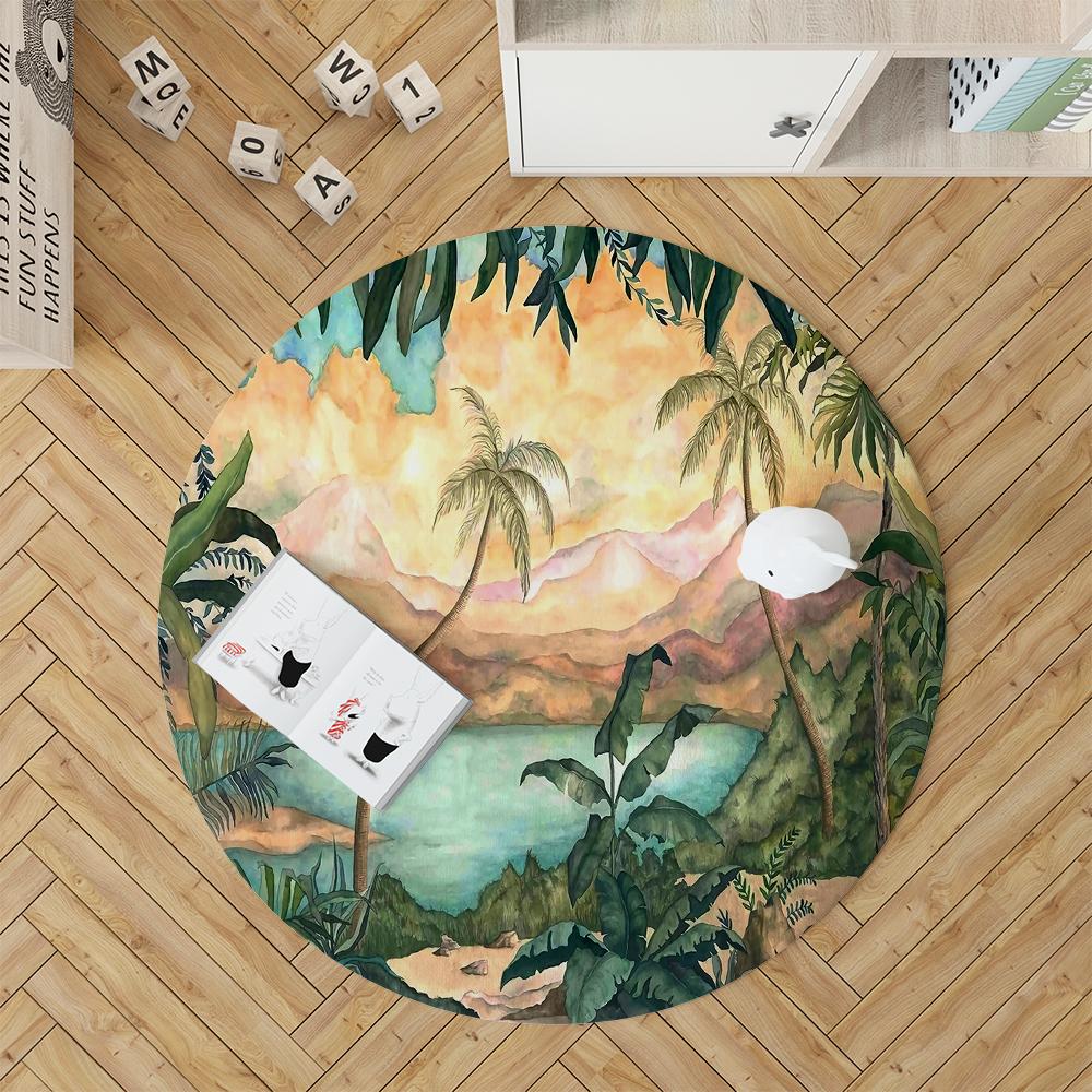Round Rainforest Landscape Print Carpet Parrot Sofa Carpet Living Room Bedroom Bathroom Floor Mat Decorative Carpet Alfombra