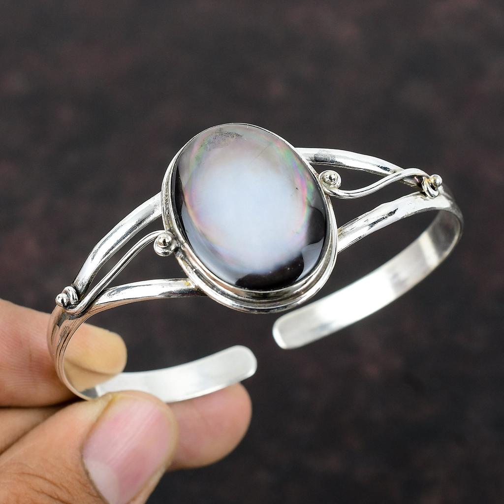 Mother Of Pearl Bangle 925 Sterling Silver Cuff Bangle Real Gemstone Adjustable Bangle Handmade Cuff Bracelet Gift For Mom Unique Jewelry