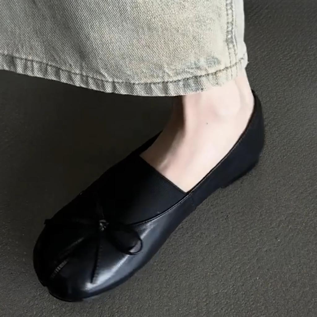 Cowhide~ Leather Bow-toed Shoes, Pig's Trotters, Women's Commuting Elastic Band, Flat-bottomed Retro Ballet Shoes, Single Shoes