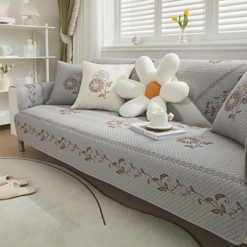 Four Seasons Fabric Washed Cotton Embroidery Sofa Cushion, Modern Simple Combination Non-Slip Sofa Cushion Towel Wholesale