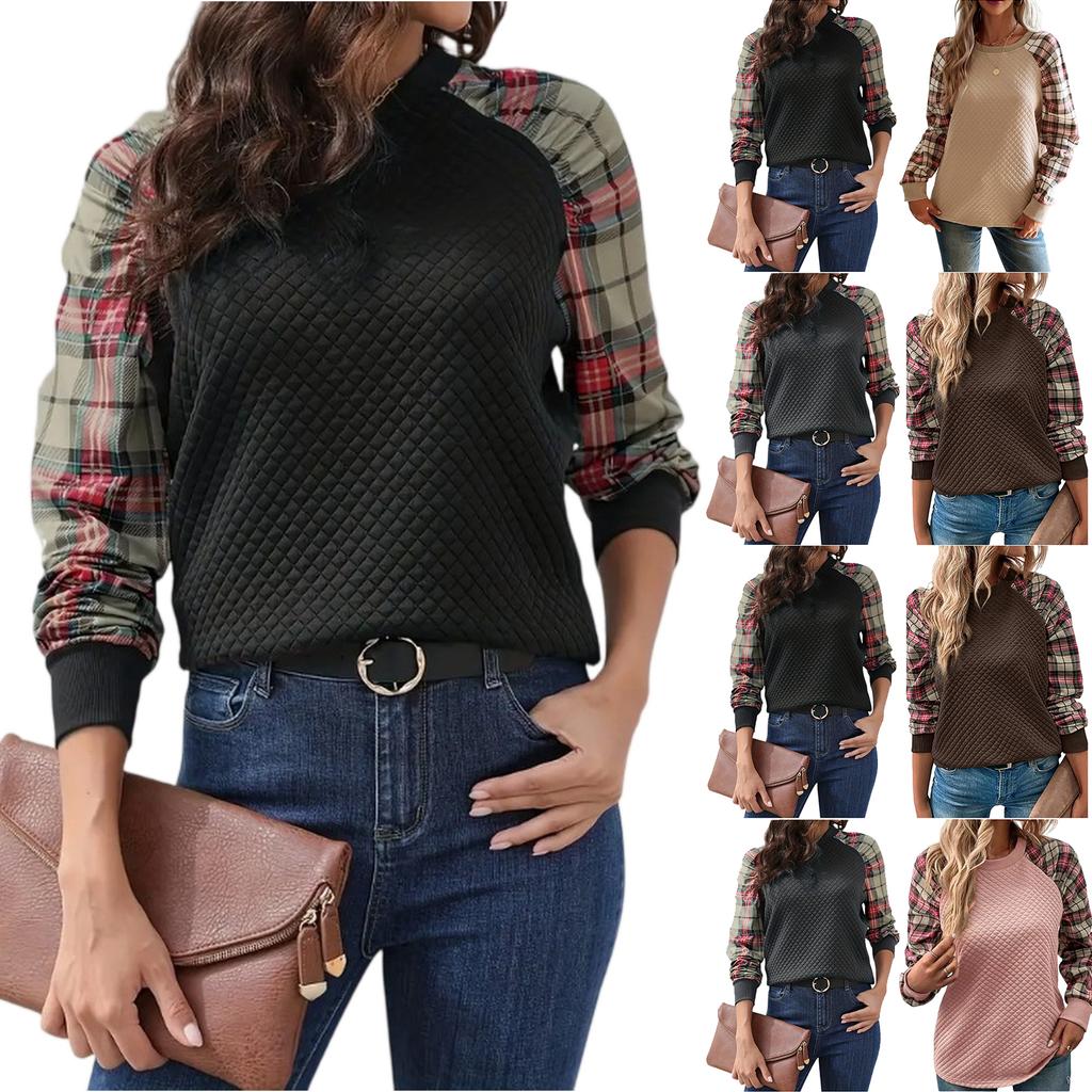 Ladies' Casual And Fashionable Diamond Patterned Patchwork Long Sleeved Round Neck Top