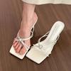 Fashion Elegant Crystal Buckle Decoration Slim High HeelsWomen Summer Square Head PU Narrow Band Sandals Party Dress