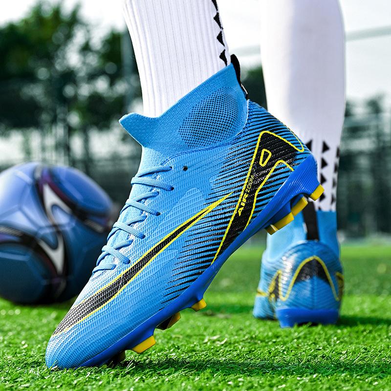 Brand Fashion Blue Football Training Shoes Men Women Long Spikes Professional Soccer Cleats Men Breathable Socks Futsal Boots