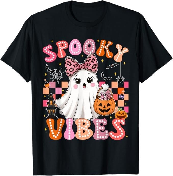 Groovy Spooky Vibes Cute Boo Ghost Halloween Costumes Girls T-Shirt