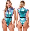 Women's Shiny Metallic Halloween Cosplay Costume Zip Front Leotard Bodycon Bodysuit