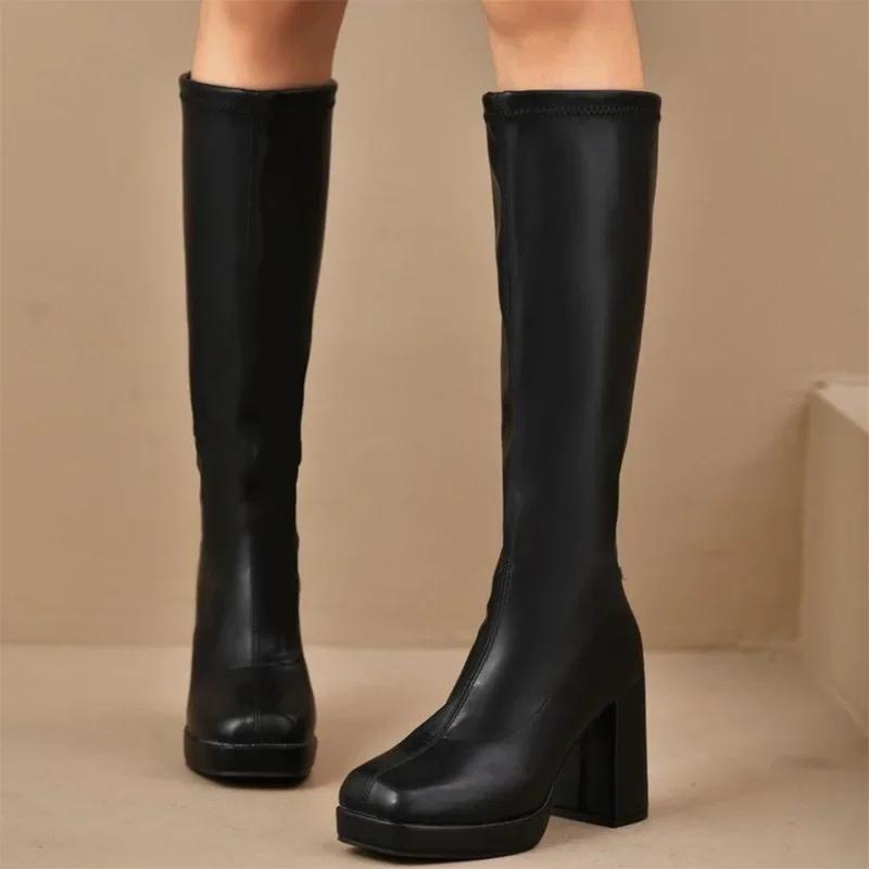 Plus Size High Heels Boots for Women Square Heeled Chunky Platform Knee-High Boots Woman 2025 Winter Thick Sole Square Toe Boots