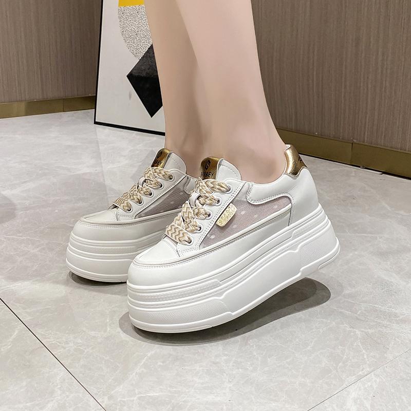 Fashion 8CM Mesh Summer Sneakers Wedge Heels Leather Vulcanized Bling Shoes Women High Platform Casual Breathable Walking Sports Shoes