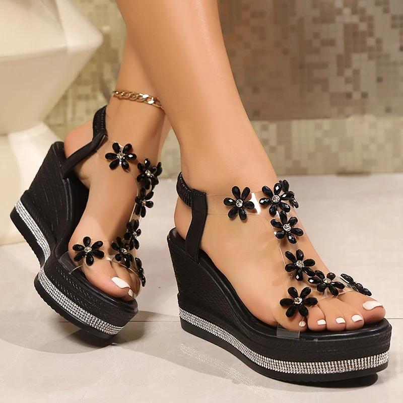 Fashion Rhinestone Flowers Wedges Sandals Women 2025 Luxury Crystals Chunky Platform Sandles Woman Clear Pvc Super High Heel Party Shoes