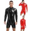 Mens Long Sleeve Wet Look Jumpsuit Zipper Crotch Patent Leather Bodysuit Club Dance Performance Costume
