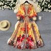 Bohemian Floral Chiffon Summer Dresses for Women 2025 Runway V-Neck Long Lantern Sleeve Sashes Beach Holiday Dressess Boho Robe