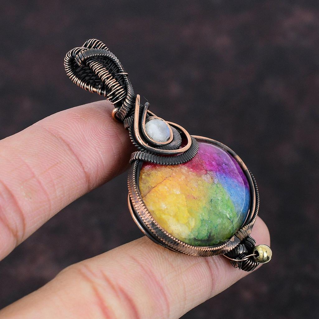 Rainbow Solar Quartz Druzy Copper Wire Wrapped Pendant Rainbow Moonstone Pendant Copper Jewelry Gemstone Pendant For Women Handmade Jewelry
