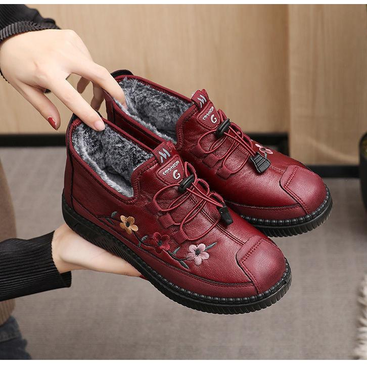 Mom Leather Fur Moccasins Women Sport Sneaker for Elderly Female Soft Warm Comfortable