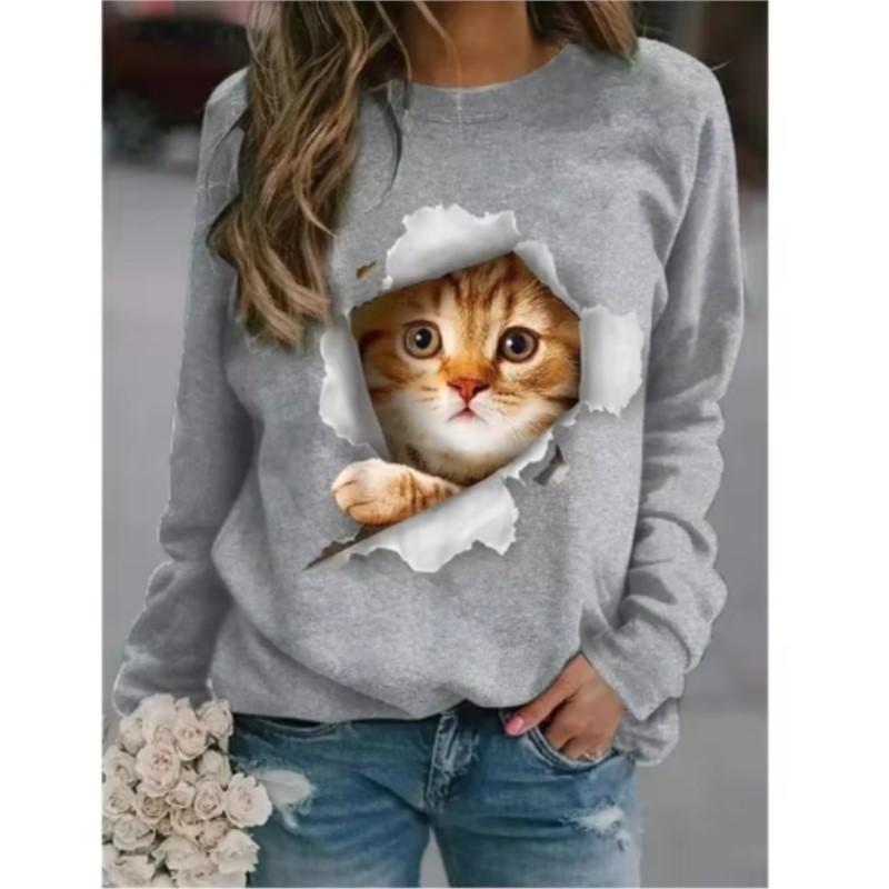 Kawaii Cat Women's Pullovers 3D Print Casual Long Sleeve Tees Oversized Harajuku Thin Hoodies Clothing Daily Tops